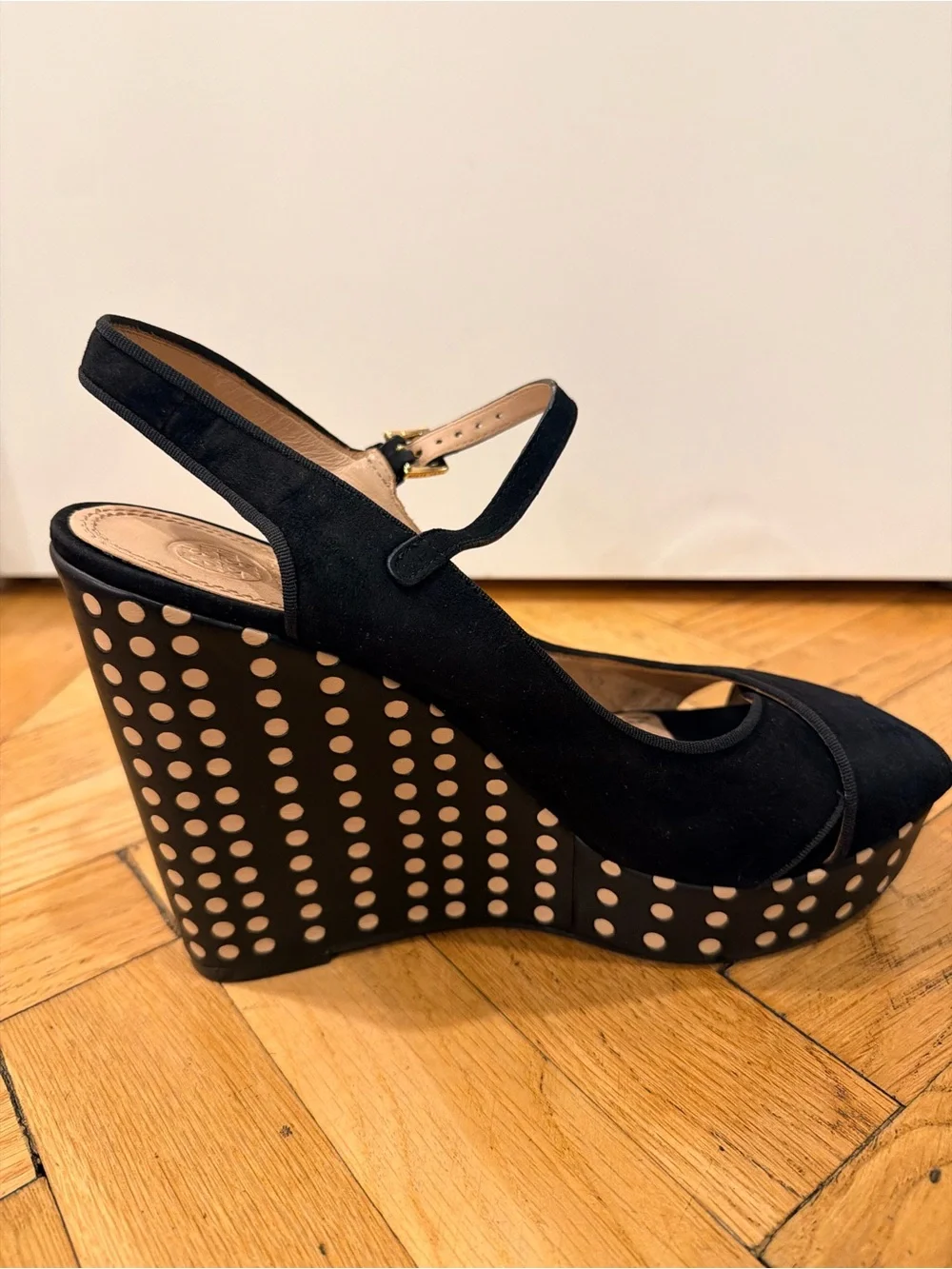 Tory Burch Black Suede Polka Dot Platform Wedge Sandals Size 11